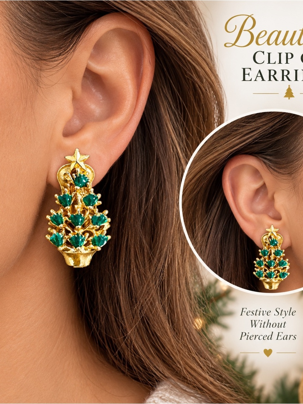 Vintage Style Christmas Tree Clip-On Earrings Gold Tone Green Rhinestones